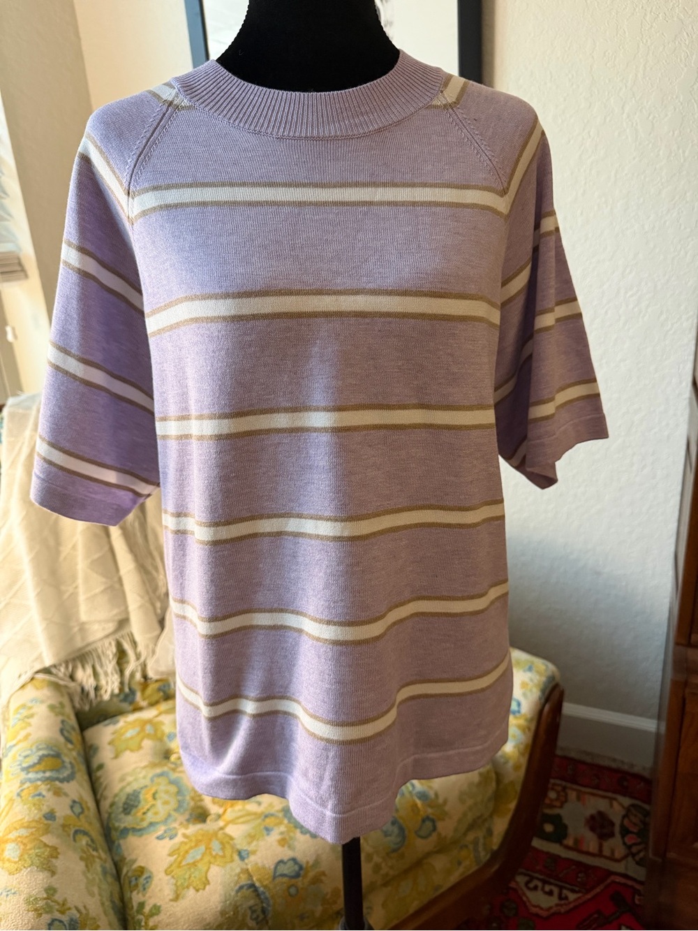 Lilac Striped Crewneck Short-Sleeve Sweater